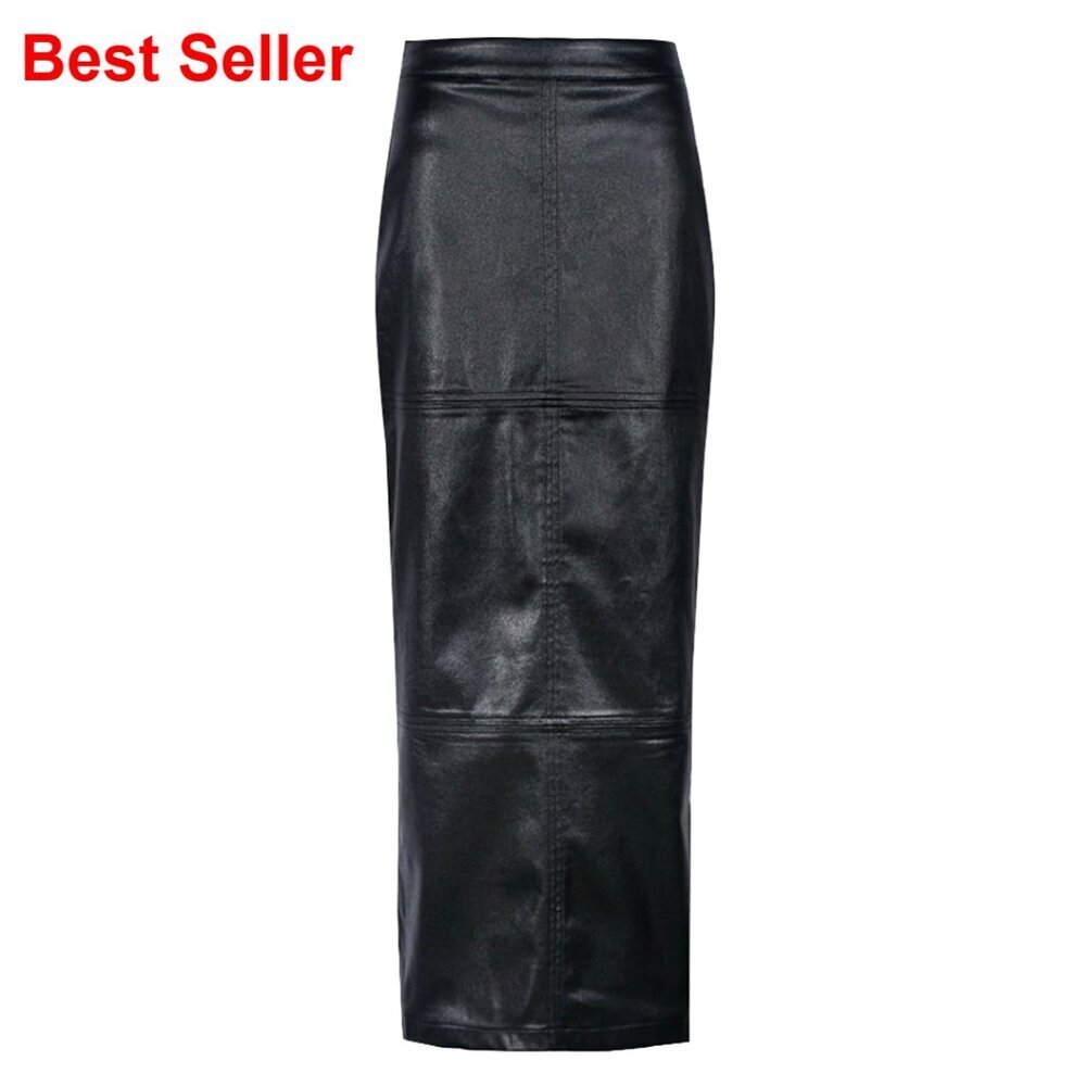 Leather Maxi Skirt High Waisted A Line with Slit Business Casual